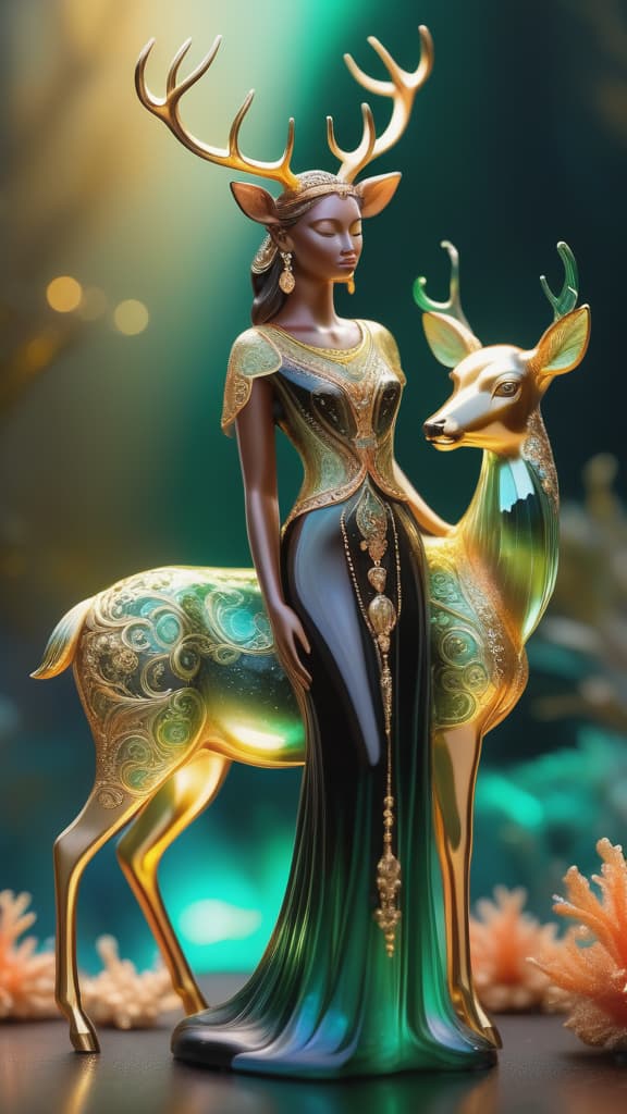  photo RAW, (Black, petrol and green:   ( brown woman:1.5), standing by extremely delicate iridiscent deer, tiny golden accents, beautifully and intricately detailed, ethereal glow, whimsical, art by Mschiffer, best quality, glass art, magical holographic glow, shiny aura, highly detailed, gold and coral filigree, intricate motifs, organic tracery, Januz Miralles, Hikari Shimoda, glowing stardust by W. Zelmer, perfect composition, smooth, sharp focus, sparkling particles, lively coral reef background Realistic, realism, hd, 35mm photograph, 8k), masterpiece, award winning photography, natural light, perfect composition, high detail, hyper realistic, hyper detailed background