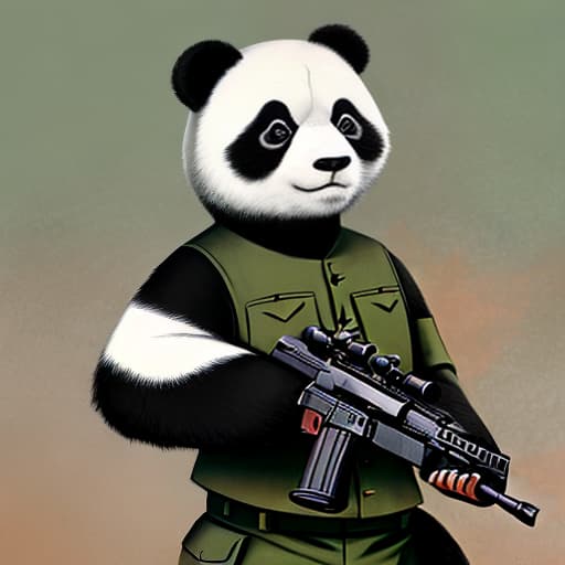  A panda in military uniform with a gun，