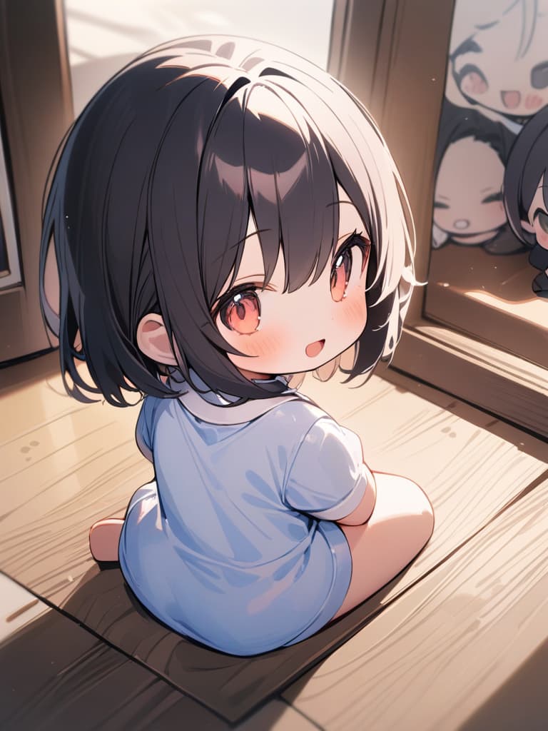  (((Wariza: 1.5, Sitting Down Floor, Looking Back, INFANT BODY SHAPE, Chibi Chara))), Mini Characters, ((Made)), Open Mouth Smile, 💩, 💩, 💩, masterpiece, best quality,8k,ultra detailed,high resolution,an extremely delicate and beautiful,hyper detail