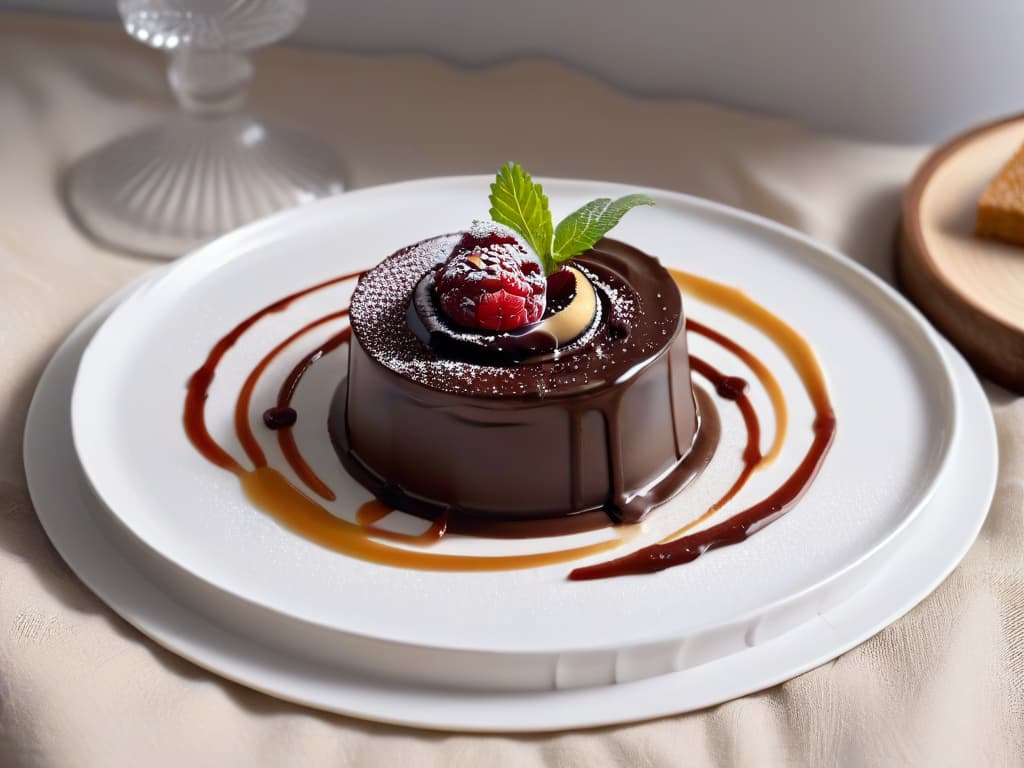  A highresolution, minimalist image of an elegant, intricate chocolate dessert on a pristine white plate, with delicate swirls of caramel sauce drizzled around it. The dessert is garnished with a single vibrant raspberry, its deep red color contrasting beautifully with the rich brown of the chocolate. The plate sits on a sleek, modern table with soft, diffused lighting casting gentle shadows, creating a serene and sophisticated ambiance. hyperrealistic, full body, detailed clothing, highly detailed, cinematic lighting, stunningly beautiful, intricate, sharp focus, f/1. 8, 85mm, (centered image composition), (professionally color graded), ((bright soft diffused light)), volumetric fog, trending on instagram, trending on tumblr, HDR 4K, 8K