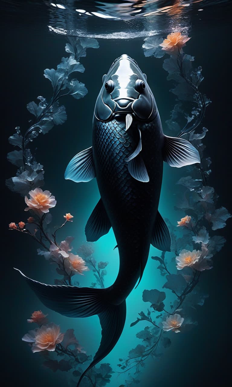  Digital Image. Distant Plan. One translucent black koi carp, Beautiful, perfectly shaped, with a harmonious composition of bright spots. A graceful curve. Luminous, bioluminescent. (With x ray effect: 1,2). Background: surrealist abstractionism with baroque style splashes and waves. Magical realism. Splash art, spirit ink. Meticulous detail, sharp focus, dark fantasy, luminous, rich colour. HDR, octane rendering, cinematic light. hyperrealistic, full body, detailed clothing, highly detailed, cinematic lighting, stunningly beautiful, intricate, sharp focus, f/1. 8, 85mm, (centered image composition), (professionally color graded), ((bright soft diffused light)), volumetric fog, trending on instagram, trending on tumblr, HDR 4K, 8K