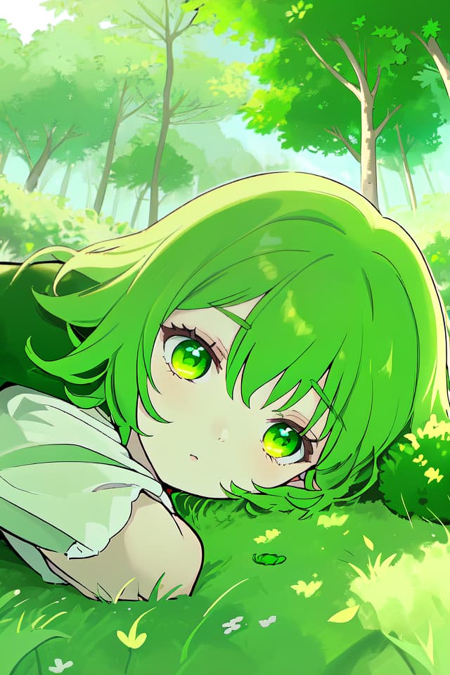  I'm lying down in the middle of the green plateau of the green hair character