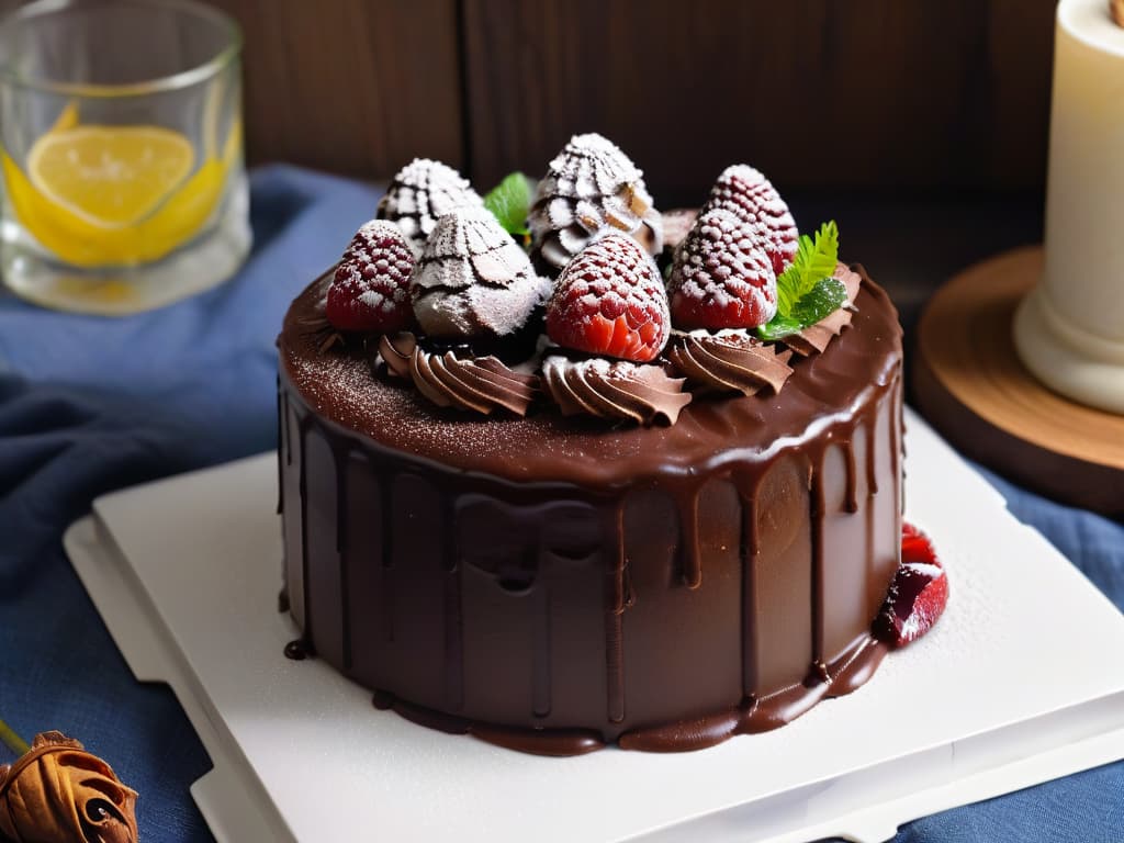  A closeup, photorealistic image of a decadent vegan chocolate cake with a smooth and glossy ganache glaze, topped with fresh raspberries and mint leaves. The cake is cut to reveal its perfectly moist and airy crumb texture, showcasing layers of rich chocolate filling. The lighting highlights the intricate details of the cake, emphasizing its indulgent and professional presentation. hyperrealistic, full body, detailed clothing, highly detailed, cinematic lighting, stunningly beautiful, intricate, sharp focus, f/1. 8, 85mm, (centered image composition), (professionally color graded), ((bright soft diffused light)), volumetric fog, trending on instagram, trending on tumblr, HDR 4K, 8K