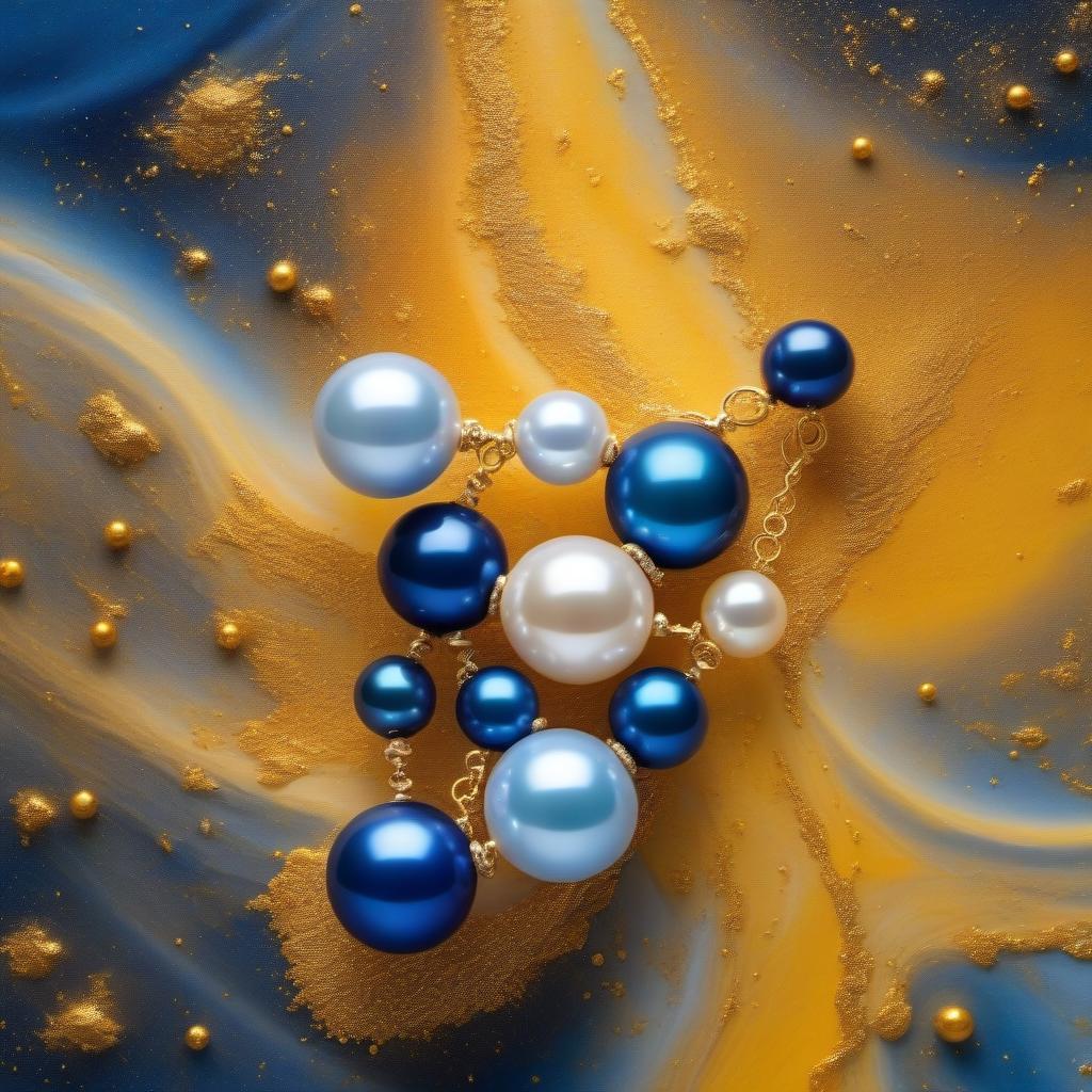  Three pearl threads, in a white blue radiance, dance in the air wriggling, against the background of cosmic galaxies, in yellow gold orange blue.Style expressionism