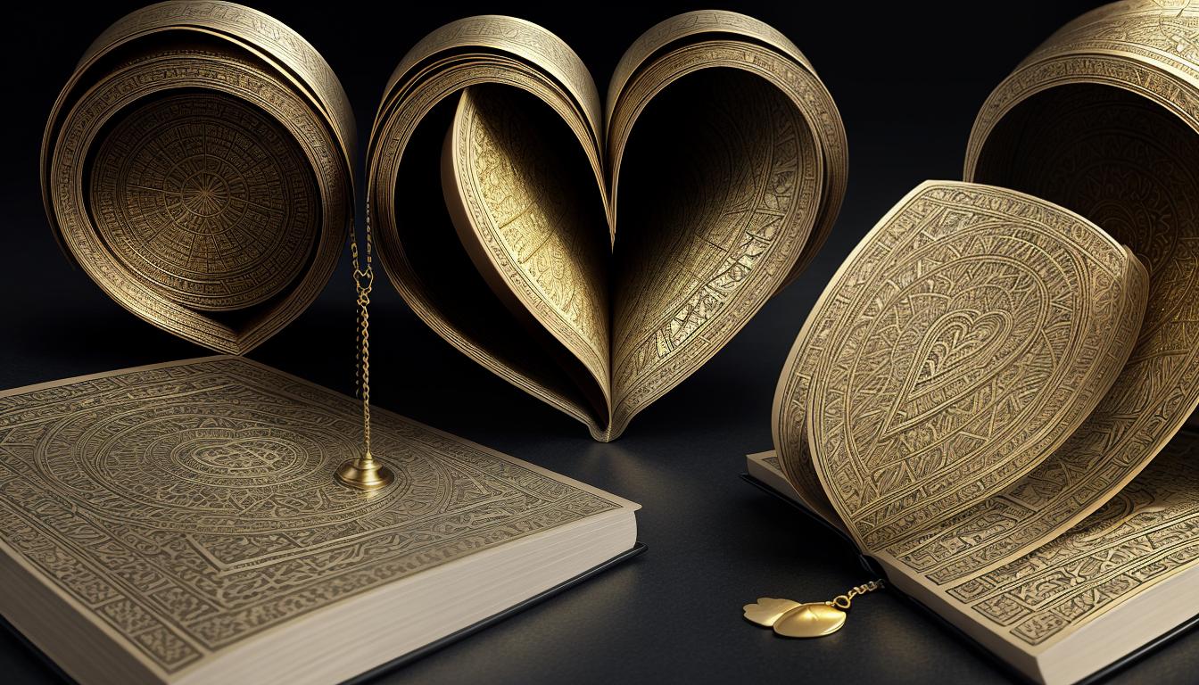  digital illustration, A balanced scale with one side holding a heart and the other side holding a book, heart detailed with veins and textures, book with intricate cover design, scales in gold, alignment with values and needs, looking at viewer, dynamic pose, (intricate details, masterpiece, best quality)