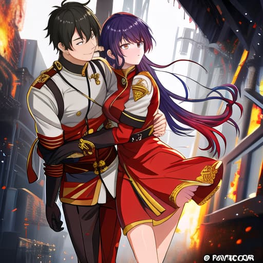  Anime young firefighter carrying his girlfriend from the fire hyperrealistic, full body, detailed clothing, highly detailed, cinematic lighting, stunningly beautiful, intricate, sharp focus, f/1. 8, 85mm, (centered image composition), (professionally color graded), ((bright soft diffused light)), volumetric fog, trending on instagram, trending on tumblr, HDR 4K, 8K