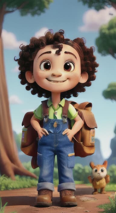  {The tree with a smiling face formed by its bark, looking down at Riley., Riley, a curious with big brown eyes and curly hair, wearing overalls and carrying a small backpack. Their friend, Skye, a bluebird with shiny feathers.