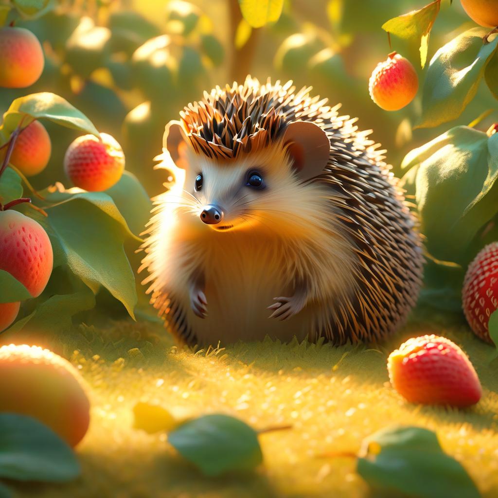  ethereal fantasy concept art of (Background) The time of year spring. A blossoming peach orchard. On the lawn a blue tablecloth with golden fringe behind the tablecloth two hedgehogs are sitting together eating a ripe watermelon slice. Ripe peaches lie on the grass around the tablecloth. . magnificent, celestial, ethereal, painterly, epic, majestic, magical, fantasy art, cover art, dreamy hyperrealistic, full body, detailed clothing, highly detailed, cinematic lighting, stunningly beautiful, intricate, sharp focus, f/1. 8, 85mm, (centered image composition), (professionally color graded), ((bright soft diffused light)), volumetric fog, trending on instagram, trending on tumblr, HDR 4K, 8K