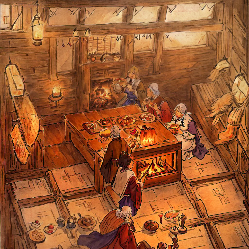  A realistic medieval Europe scene with people eating breakfast at 6 AM, dinner at 9 AM, and supper at 5 PM. The scene is set in a cozy tavern, ((with a crackling fireplace)) in the background. The main subject is a group of villagers ((wearing traditional clothing)) gathered around a long wooden table, enjoying their meals and engaged in lively conversations. The table is filled with an array of food, including freshly baked bread, roasted meats, steaming bowls of soup, and assorted fruits. Sunlight streams through the small windows, casting warm golden hues across the scene. The atmosphere is vibrant and bustling, capturing the essence of a typical day in medieval Europe. The image is of best quality, ((highly detailed)), and in 4K resolut hyperrealistic, full body, detailed clothing, highly detailed, cinematic lighting, stunningly beautiful, intricate, sharp focus, f/1. 8, 85mm, (centered image composition), (professionally color graded), ((bright soft diffused light)), volumetric fog, trending on instagram, trending on tumblr, HDR 4K, 8K