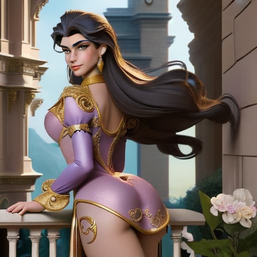  Fantasy Disney princes,seen from the back,wearing skinny transparant but opulent looking costume and short dress,bending forward stone balcony watching her beautifull kingdom outside the pallace where the sun is getting low