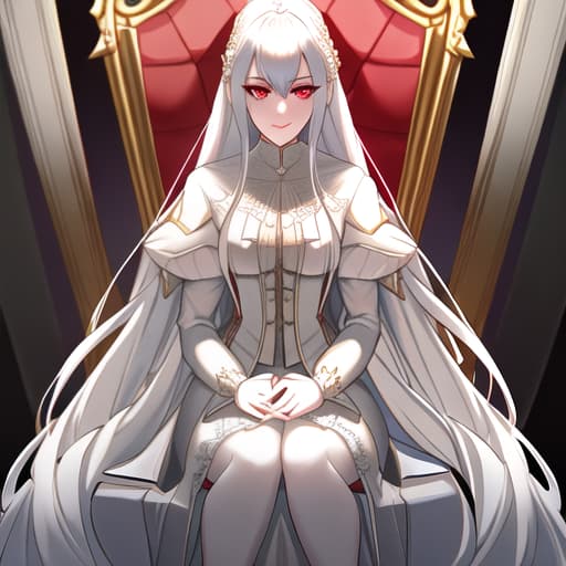  a girl manhua character with white hair and red eyes with white skin wearing noble dress and siting on the throne hyperrealistic, full body, detailed clothing, highly detailed, cinematic lighting, stunningly beautiful, intricate, sharp focus, f/1. 8, 85mm, (centered image composition), (professionally color graded), ((bright soft diffused light)), volumetric fog, trending on instagram, trending on tumblr, HDR 4K, 8K