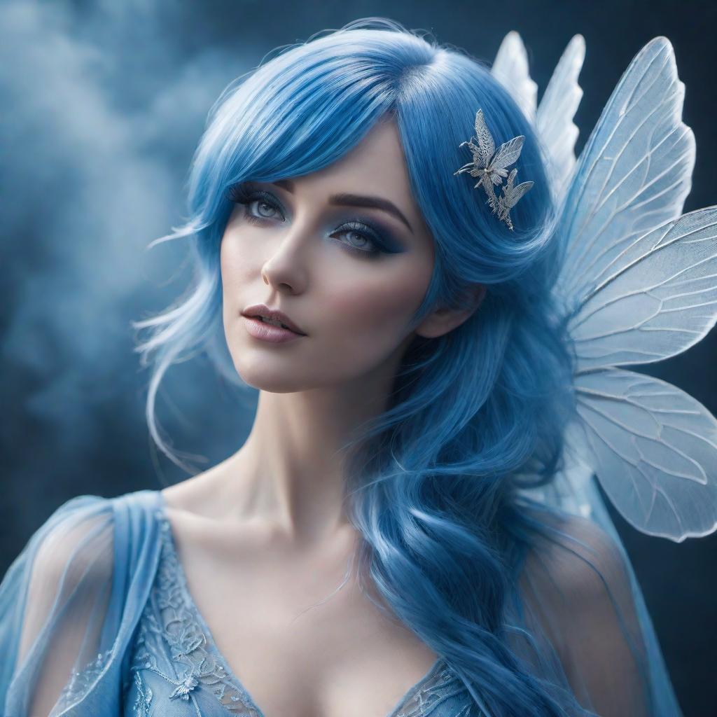  A blue hair fairy, dressed in blue with gossamer wings. hyperrealistic, full body, detailed clothing, highly detailed, cinematic lighting, stunningly beautiful, intricate, sharp focus, f/1. 8, 85mm, (centered image composition), (professionally color graded), ((bright soft diffused light)), volumetric fog, trending on instagram, trending on tumblr, HDR 4K, 8K