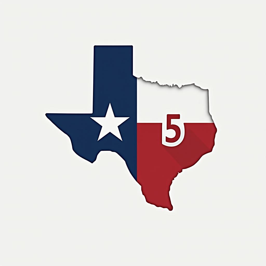  design a logo that features the outline of the state of texas in a minimalist style. inside the texas outline, incorporate the letters 'm5' in a bold, modern font. use the colors of the texas flag: blue, red, and white. make the 'm' in blue, the '5' in red, and the star in white. the text 'custom homes and remodeling, llc' should be elegantly placed below or around the outline of texas, ensuring it complements the design. use a neutral color, such as black or dark blue, for the company name to ensure readability