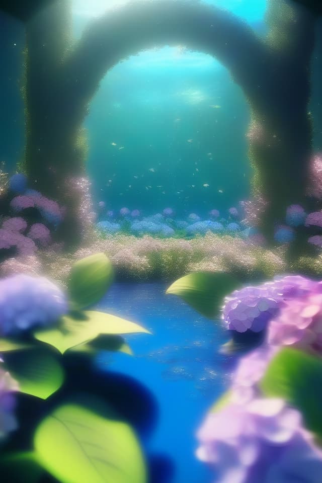  (Glittering foam and hydrangea) ((Park at the Bottom of the Lake)) ((Underwater Garden)) ECE, Sparkling Sunlight, High Quality, 8k