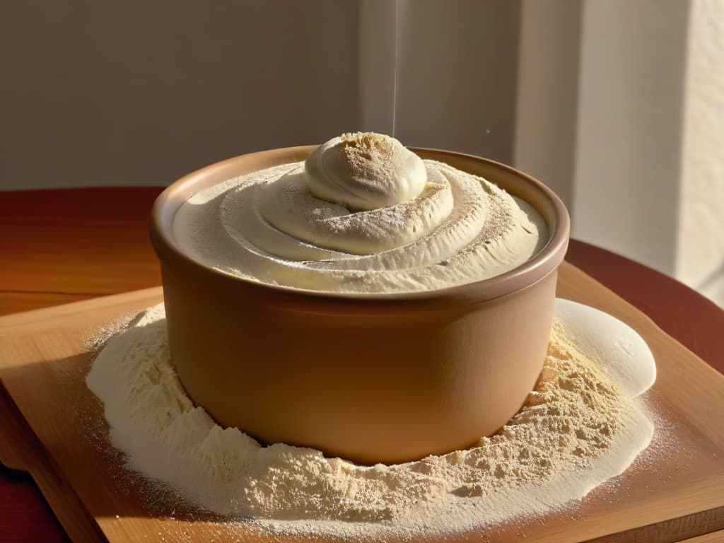  An ultradetailed closeup image of a baker's hands carefully sprinkling dehydrated sourdough starter into a mixing bowl filled with flour, capturing the intricate texture and fine particles of the starter as they blend seamlessly with the flour. The hands are skillfully navigating the process, showcasing a moment of artisanal mastery in the creation of sourdough bread, with a backdrop of soft, natural lighting enhancing the subtle shadows and highlights of the ingredients. hyperrealistic, full body, detailed clothing, highly detailed, cinematic lighting, stunningly beautiful, intricate, sharp focus, f/1. 8, 85mm, (centered image composition), (professionally color graded), ((bright soft diffused light)), volumetric fog, trending on instagram, trending on tumblr, HDR 4K, 8K