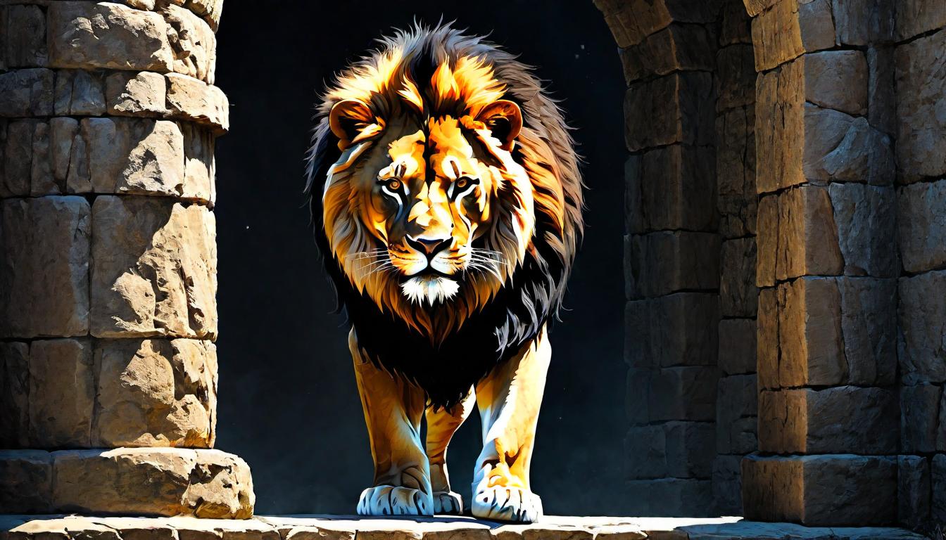  （surrealism)Courageous figure resembling Daniel, standing amidst aggressive lions, dressed in ancient robes, defiant and calm, dimly lit den with shadows and stone walls, sense of faith and fearlessness mystic, intricate details, best quality)