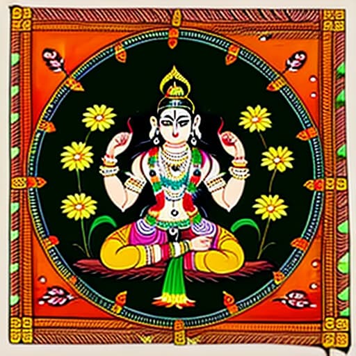  Pattachitra painting, Lord Rama Darbar, vibrant colors, red background, Rama golden throne, Sita left side, Hanuman kneeling, green meadow flowers foreground, decorative floral geometric border.