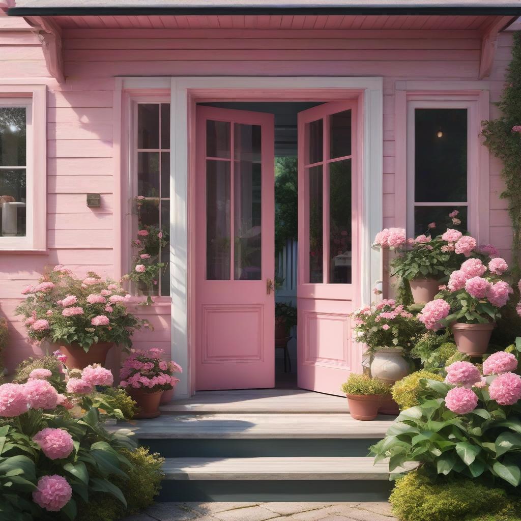  a house with a veranda, a porch with flowers and potted plants, a pink door, small windows, realistic drawing hyperrealistic, full body, detailed clothing, highly detailed, cinematic lighting, stunningly beautiful, intricate, sharp focus, f/1. 8, 85mm, (centered image composition), (professionally color graded), ((bright soft diffused light)), volumetric fog, trending on instagram, trending on tumblr, HDR 4K, 8K