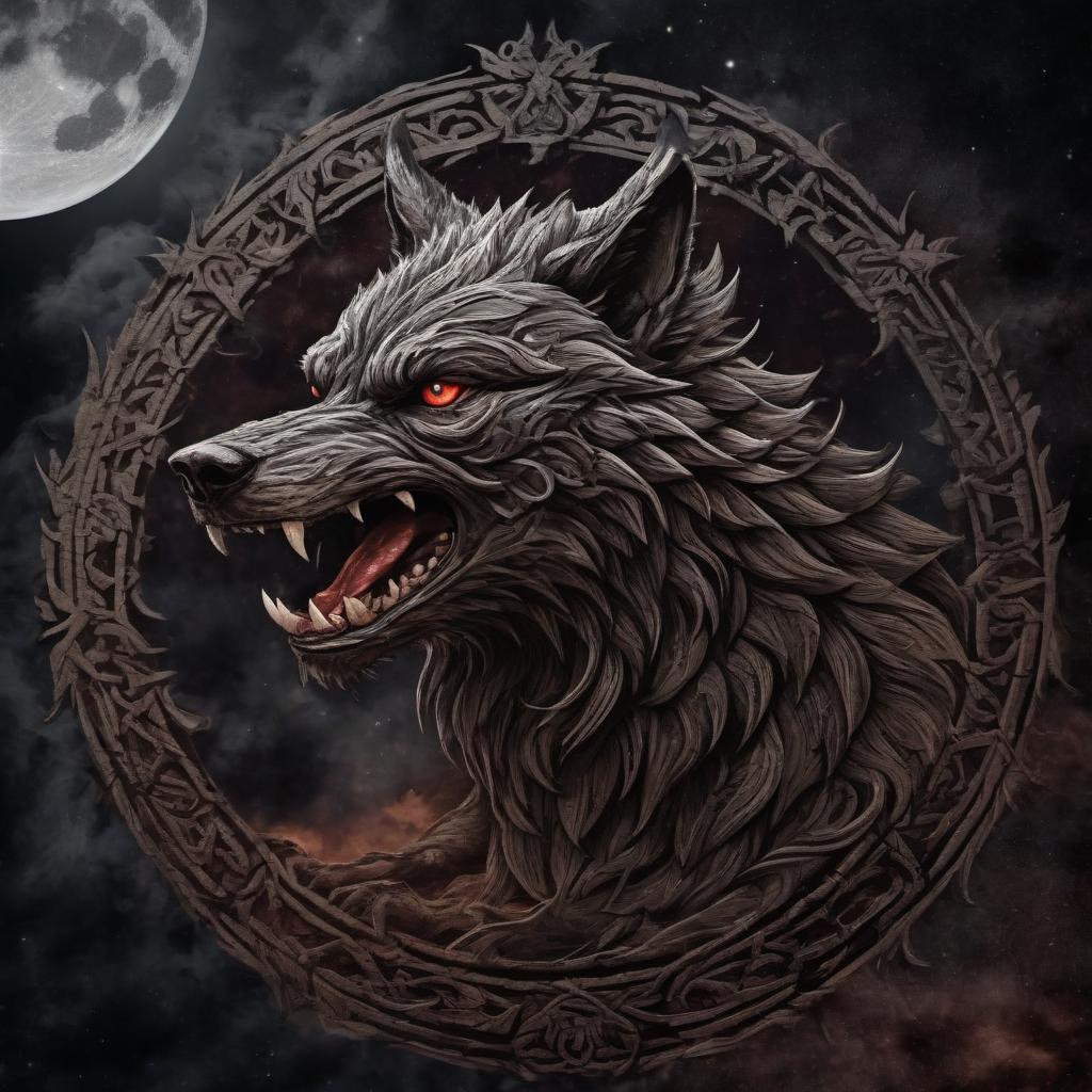  tribal style Logo with a detailed Norse god Fenrir, on a full moon background, 4K resolution, horror, cruelty, blood violence. . indigenous, ethnic, traditional patterns, bold, natural colors, highly detailed