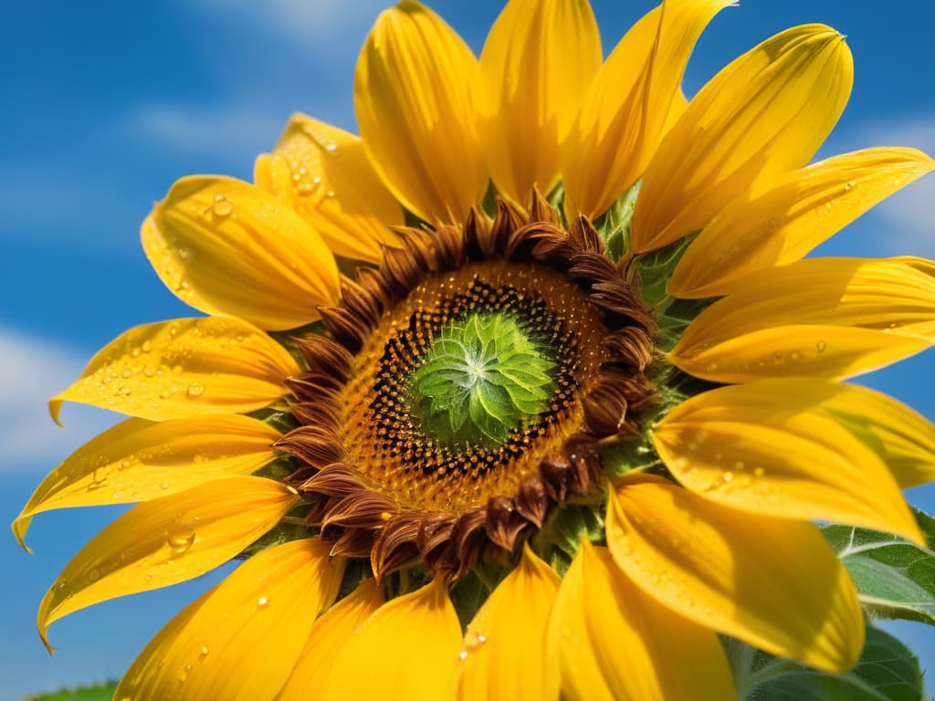  A closeup, ultradetailed image of a golden sunflower glistening with dew drops, symbolizing the purity and lightness of sunflower oil in baking. The intricate details of the delicate petals and the play of light on the water droplets create a visually captivating and serene scene, perfect for capturing the essence of using sunflower oil in creating delectable and light pastries. hyperrealistic, full body, detailed clothing, highly detailed, cinematic lighting, stunningly beautiful, intricate, sharp focus, f/1. 8, 85mm, (centered image composition), (professionally color graded), ((bright soft diffused light)), volumetric fog, trending on instagram, trending on tumblr, HDR 4K, 8K