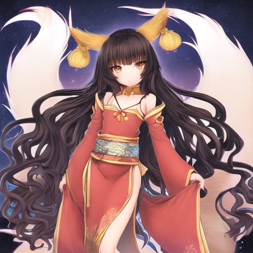  A cute Kitsune woman, small, flat chest, big,, brown eyes, large,, and long wavy black hair