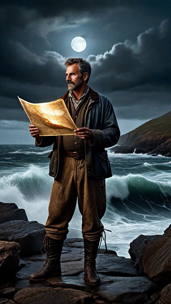  (A rugged, weathered lighthouse keeper stands on the rocky shore of a stormy, windswept coastline, clutching an ancient, water stained map in his hands as he gazes out over the churning, moonlit waves, his weathered face alight with a sense of adventure and determination.) hyperrealistic, full body, detailed clothing, highly detailed, cinematic lighting, stunningly beautiful, intricate, sharp focus, f/1. 8, 85mm, (centered image composition), (professionally color graded), ((bright soft diffused light)), volumetric fog, trending on instagram, trending on tumblr, HDR 4K, 8K