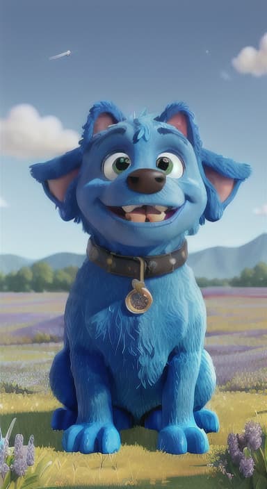  {A happy, big blue dog wagging its tail in a colorful meadow, The big blue dog is large with sky blue fur, big round eyes, a black nose, and floppy ears.