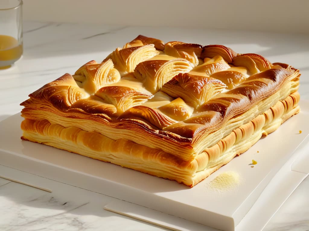  A closeup, ultradetailed image of a perfectly goldenbrown, flaky and crispy sheet of puff pastry, with delicate layers visible and a slight glisten from a light egg wash, resting on a marble countertop. hyperrealistic, full body, detailed clothing, highly detailed, cinematic lighting, stunningly beautiful, intricate, sharp focus, f/1. 8, 85mm, (centered image composition), (professionally color graded), ((bright soft diffused light)), volumetric fog, trending on instagram, trending on tumblr, HDR 4K, 8K