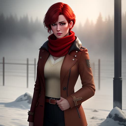  Young woman stands tall! She has short reddish hair. Her eyes are bright green. In her hands, she holds a red flag. She's wearing a red knitted scarf. She's wearing a brown jacket. She's looking aside. She appears serious. hyperrealistic, full body, detailed clothing, highly detailed, cinematic lighting, stunningly beautiful, intricate, sharp focus, f/1. 8, 85mm, (centered image composition), (professionally color graded), ((bright soft diffused light)), volumetric fog, trending on instagram, trending on tumblr, HDR 4K, 8K