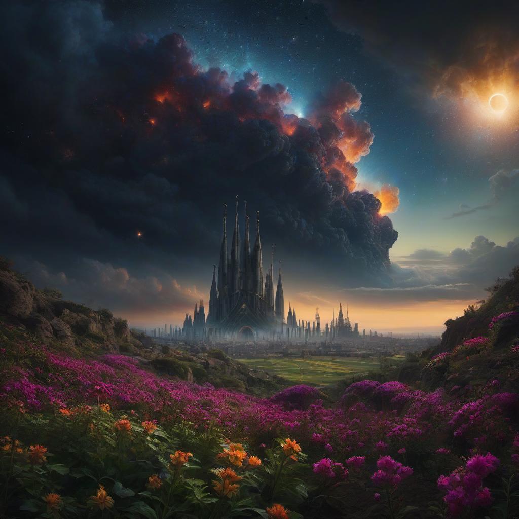  (stylized by Tomasz Alen Kopera:1.3) , dark art, dense flower field and Perseid meteor in background, landscape of a (Barcelona:1.2) , very Bizarre and 1600'S, Hurricane, Glitchcore, Amaro, layered textures, ornate, intricate artistic color, complimentary colors, very inspirational, atmosphere, fine artistic composition, sunny, theatrical hyperrealistic, full body, detailed clothing, highly detailed, cinematic lighting, stunningly beautiful, intricate, sharp focus, f/1. 8, 85mm, (centered image composition), (professionally color graded), ((bright soft diffused light)), volumetric fog, trending on instagram, trending on tumblr, HDR 4K, 8K