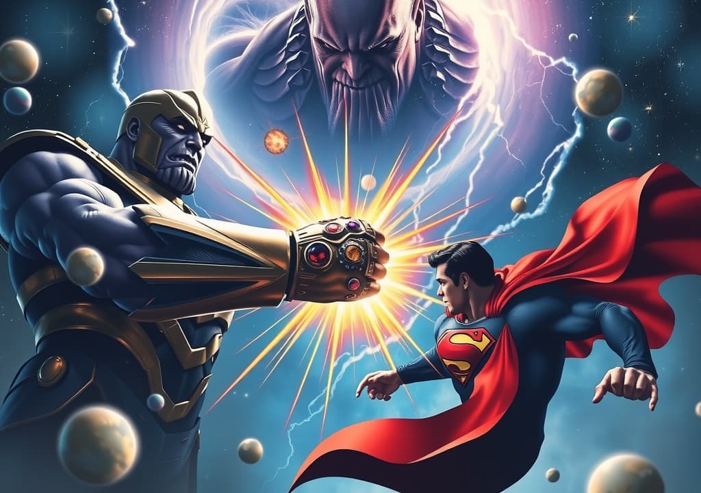  good quality, high quality, in the surreal and epic image, thanos and superman clash in a scene of cosmic grandeur. the battlefield is a swirling vortex of stars and nebulae, where the fabric of reality seems to warp around their confrontation. thanos, his formidable gauntlet shimmering with the immense power of the infinity stones, looms like a colossal titan, his purple visage a stark contrast against the cosmic backdrop. his armor glints with otherworldly light as he unleashes a torrent of energy from the gauntlet, sending ripples through the void. superman, his cape billowing like a storm in space, counters with an aura of intense heat and radiant light. his eyes burn with a fierce determination as he soars through the cosmos, striking