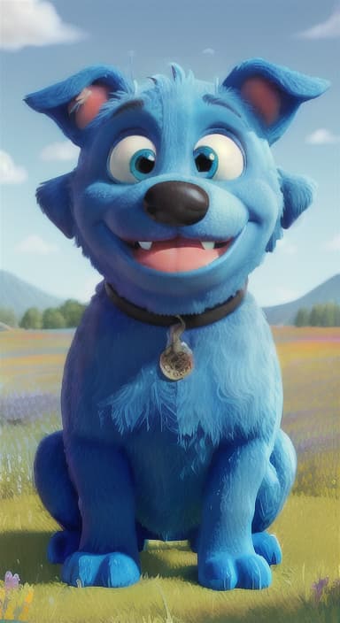  {A happy, big blue dog wagging its tail in a colorful meadow, The big blue dog is large with sky blue fur, big round eyes, a black nose, and floppy ears.