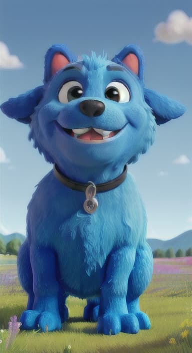  {A happy, big blue dog wagging its tail in a colorful meadow, The big blue dog is large with sky blue fur, big round eyes, a black nose, and floppy ears.