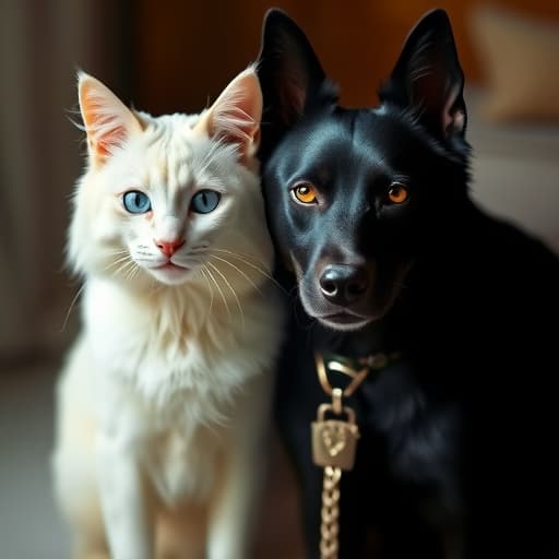  a white cat and black dog hyperrealistic, full body, detailed clothing, highly detailed, cinematic lighting, stunningly beautiful, intricate, sharp focus, f/1. 8, 85mm, (centered image composition), (professionally color graded), ((bright soft diffused light)), volumetric fog, trending on instagram, trending on tumblr, HDR 4K, 8K