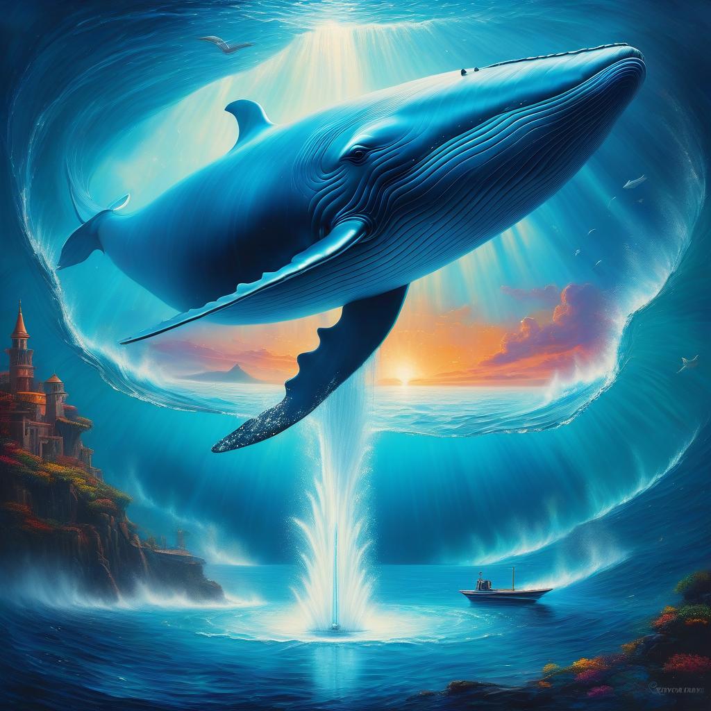  space themed Pop surrealism,Blue whale swimming through the sea releasing a fountain of water, oil painting, highly detailed image with double exposure and overlay of textures and layers. Distant background. Gorgeous, saturated. A background of bright revolutionary tones: surrealist abstractionism. Use of the entire color palette. Subtle patterns of mysticism and magic. Stylistics: neorococo, fantasy abstraction, surrealism, mystery. High quality. . cosmic, celestial, stars, galaxies, nebulas, planets, science fiction, highly detailed hyperrealistic, full body, detailed clothing, highly detailed, cinematic lighting, stunningly beautiful, intricate, sharp focus, f/1. 8, 85mm, (centered image composition), (professionally color graded), ((bright soft diffused light)), volumetric fog, trending on instagram, trending on tumblr, HDR 4K, 8K