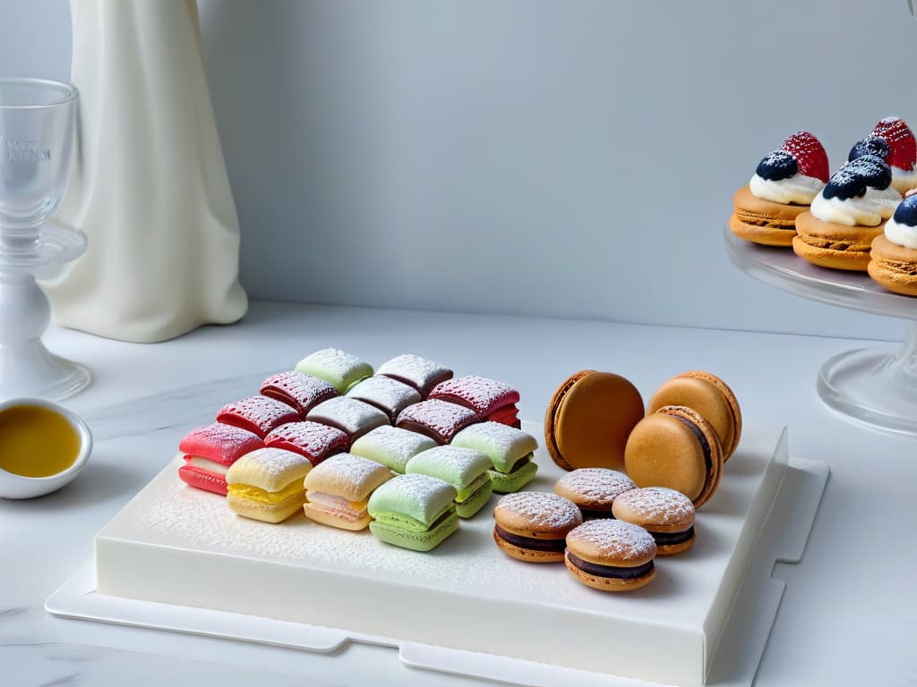  An ultradetailed image of a pristine white marble countertop with a sleek, modern French pastry cookbook opened to a page showcasing a meticulously plated assortment of classic French pastries like macarons, éclairs, and madeleines. The pastries are artfully arranged on delicate porcelain dishes, garnished with fresh berries and mint leaves, exuding elegance and sophistication. The soft ambient lighting casts gentle shadows, highlighting the intricate details of each delectable treat, inviting the viewer to indulge in the secrets of French pastry mastery. hyperrealistic, full body, detailed clothing, highly detailed, cinematic lighting, stunningly beautiful, intricate, sharp focus, f/1. 8, 85mm, (centered image composition), (professionally color graded), ((bright soft diffused light)), volumetric fog, trending on instagram, trending on tumblr, HDR 4K, 8K