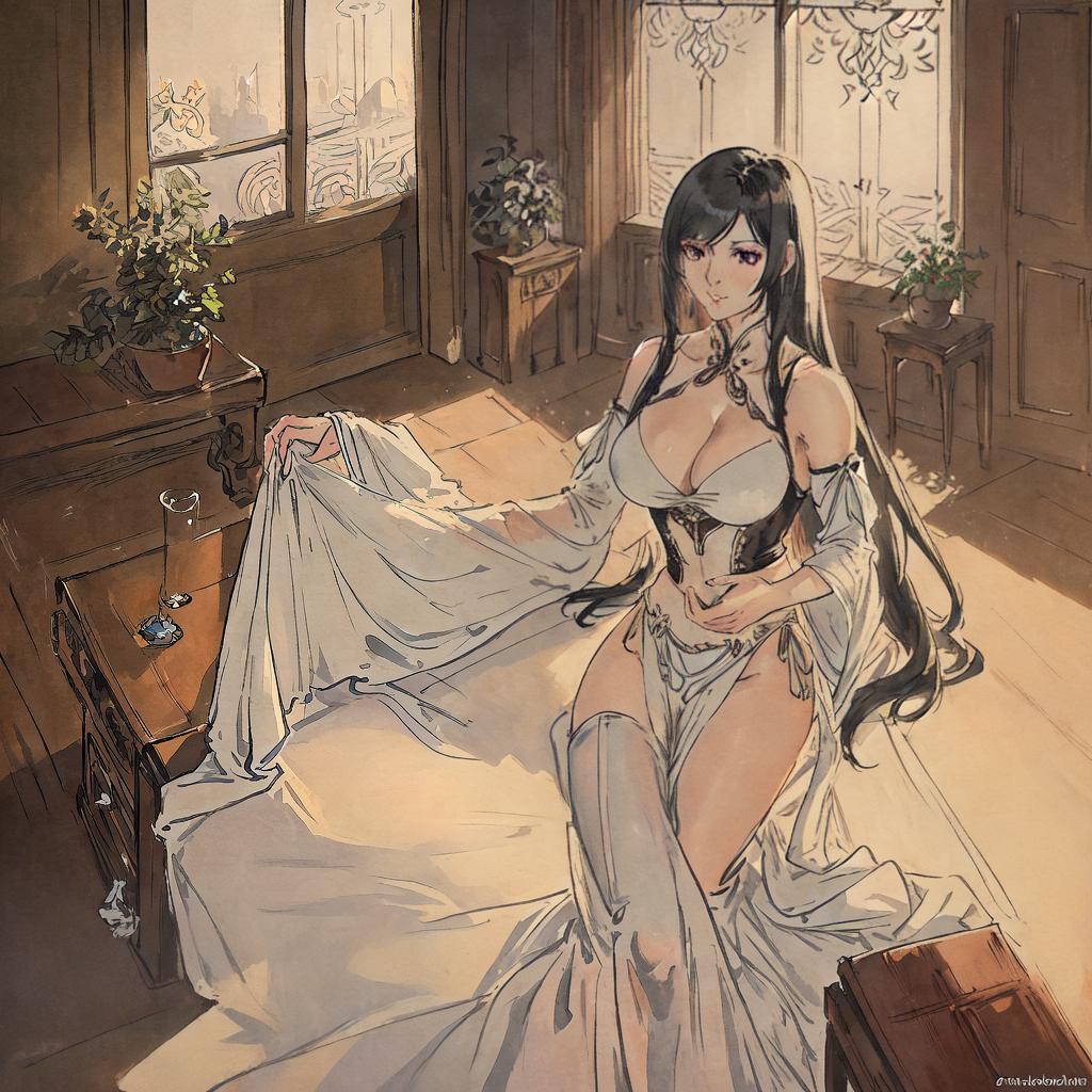  A stunning masterpiece capturing the ultra-detailed and best quality image of Tifa, a character from Final Fantasy VII, in an 8k resolution. Tifa is depicted as a sensual, real-life woman wearing revealing clothing that accentuates her ample bosom. The scene showcases Tifa in a seductive pose, with her (long flowing black hair) cascading down her shoulders. The background features a dimly lit room with (glimmers of sunlight) filtering through the window, creating a mesmerizing ambiance. hyperrealistic, full body, detailed clothing, highly detailed, cinematic lighting, stunningly beautiful, intricate, sharp focus, f/1. 8, 85mm, (centered image composition), (professionally color graded), ((bright soft diffused light)), volumetric fog, trending on instagram, trending on tumblr, HDR 4K, 8K