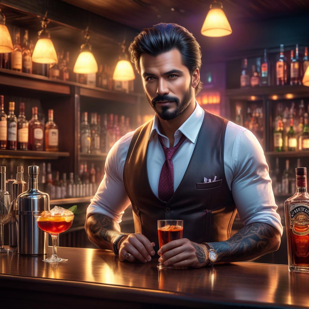  A bartender in a nightclub. hyperrealistic, full body, detailed clothing, highly detailed, cinematic lighting, stunningly beautiful, intricate, sharp focus, f/1. 8, 85mm, (centered image composition), (professionally color graded), ((bright soft diffused light)), volumetric fog, trending on instagram, trending on tumblr, HDR 4K, 8K