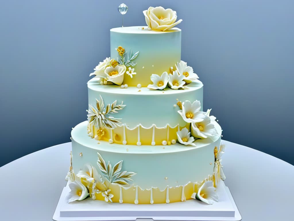  A closeup, ultradetailed image of a multitiered wedding cake showcasing intricate piping work, delicate sugar flowers, and shimmering edible gold accents. The cake is displayed on a mirrored surface, reflecting its flawless design and expert craftsmanship from every angle. hyperrealistic, full body, detailed clothing, highly detailed, cinematic lighting, stunningly beautiful, intricate, sharp focus, f/1. 8, 85mm, (centered image composition), (professionally color graded), ((bright soft diffused light)), volumetric fog, trending on instagram, trending on tumblr, HDR 4K, 8K