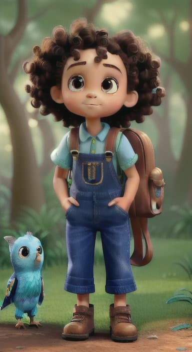  {The tree with a twinkling eye, while its leaves gently rustle., Riley, a curious with big brown eyes and curly hair, wearing overalls and carrying a small backpack. Their friend, Skye, a bluebird with shiny feathers.