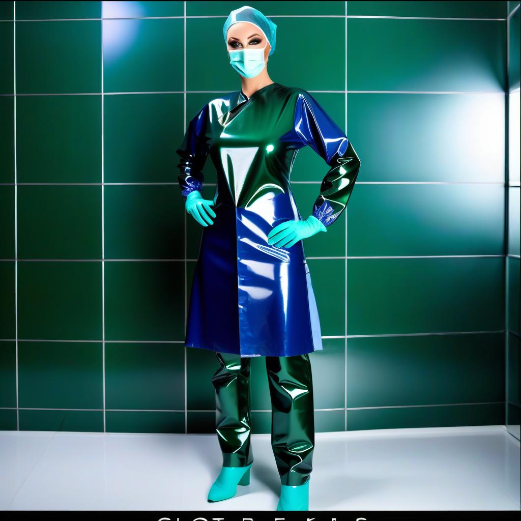  (Extremely detailed), (lone standing female surgeon) in (glossy latex: 1.2) (dark green: 1.1) and (dark blue: 1.1), (at full height: 1.2), (front view: 1.2), (profile: 1.2), stands alone in the changing room of the operating room against a tile wall, with no one else present • Detailed description: (colors and details of the surgeon's outfit, only available in two tone version: • glossy latex • dark green and dark blue, • no other colors) • Surgical uniform: (shiny latex. Surgical gown with straight cut: 1.3), (fits at the waist: 1.3), (length to knee: 1.3), (closed collar: 1.3), (no pockets: 1.3), (elastic waistband with creases: 1.3), (long sleeves made of glossy latex: 1.3), (cuffs on endcaps: 1.3), (shower cap made of glossy hyperrealistic, full body, detailed clothing, highly detailed, cinematic lighting, stunningly beautiful, intricate, sharp focus, f/1. 8, 85mm, (centered image composition), (professionally color graded), ((bright soft diffused light)), volumetric fog, trending on instagram, trending on tumblr, HDR 4K, 8K