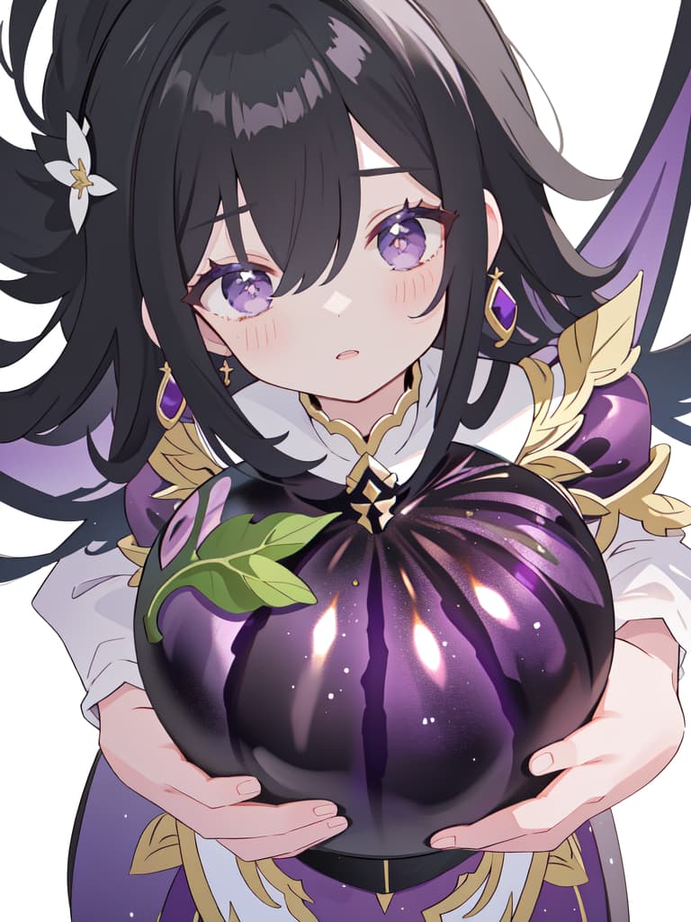  Eggplant holding, hair black, cute, men's, masterpiece, best quality,8k,ultra detailed,high resolution,an extremely delicate and beautiful,hyper detail