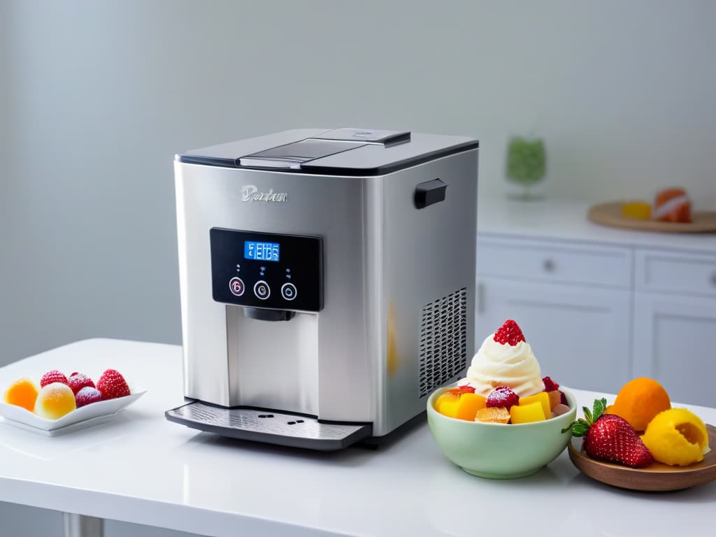  A minimalistic image featuring a sleek, modern home ice cream maker on a clean, white countertop. The machine is silver with smooth lines and a digital display, surrounded by a few scoops of colorful sorbets and gelatos in vibrant hues of strawberry, pistachio, and mango. The background is softly blurred to keep the focus on the elegant design of the ice cream maker and the delicious frozen treats. hyperrealistic, full body, detailed clothing, highly detailed, cinematic lighting, stunningly beautiful, intricate, sharp focus, f/1. 8, 85mm, (centered image composition), (professionally color graded), ((bright soft diffused light)), volumetric fog, trending on instagram, trending on tumblr, HDR 4K, 8K