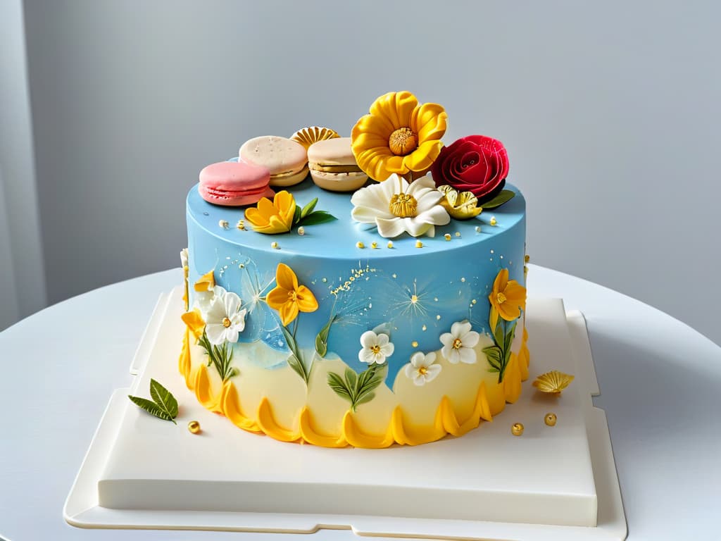  A closeup, ultradetailed image of a beautifully intricate, multilayered cake with delicate piping work, glossy fondant, and edible gold leaf accents, sitting on a sleek, white marble countertop. The cake is adorned with sculpted sugar flowers in vibrant hues, intricate lacelike patterns, and perfectly placed macarons. The lighting is soft, showcasing every meticulous detail of this masterpiece of advanced pastry artistry. hyperrealistic, full body, detailed clothing, highly detailed, cinematic lighting, stunningly beautiful, intricate, sharp focus, f/1. 8, 85mm, (centered image composition), (professionally color graded), ((bright soft diffused light)), volumetric fog, trending on instagram, trending on tumblr, HDR 4K, 8K