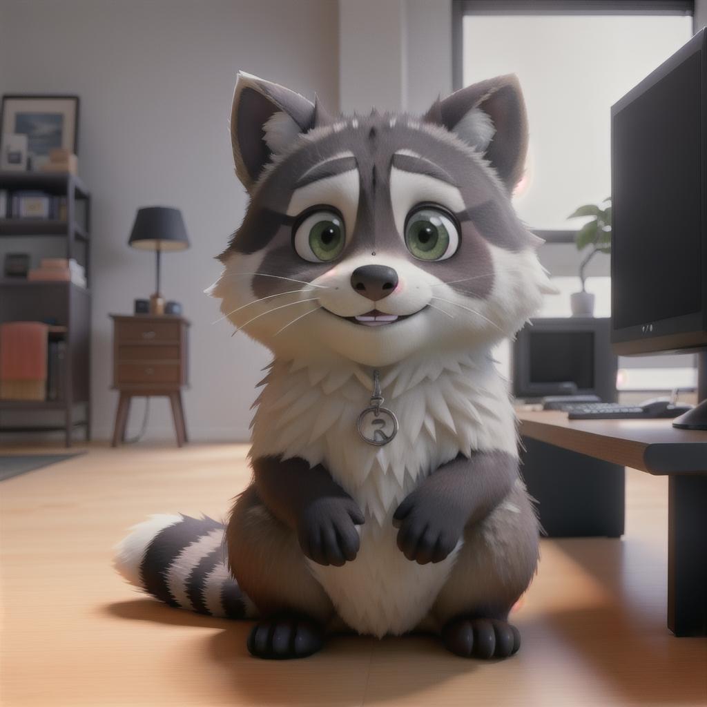  raccoon sitting in gaming chair front a computer on desktop, ((semi anthropomorphic)),(full body), tail, belly, sitting, fat, (chubby), (((white background))), solo, desktop, gaming chair, side view,  [[[clothes]]] hyperrealistic, full body, detailed clothing, highly detailed, cinematic lighting, stunningly beautiful, intricate, sharp focus, f/1. 8, 85mm, (centered image composition), (professionally color graded), ((bright soft diffused light)), volumetric fog, trending on instagram, trending on tumblr, HDR 4K, 8K