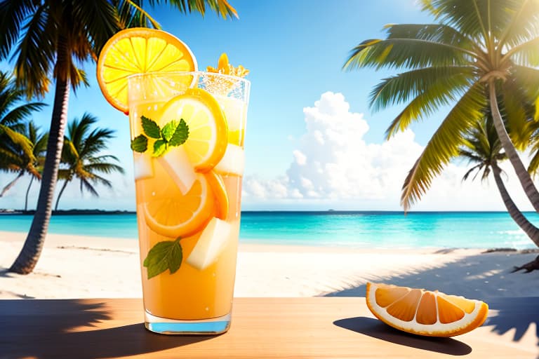  (marmalade salad), on which crystal clear water pours,there is a glass of mojito with ice,on the beach on yellow sand, clear focus, palm trees, 8k ultra hd hyperrealistic, full body, detailed clothing, highly detailed, cinematic lighting, stunningly beautiful, intricate, sharp focus, f/1. 8, 85mm, (centered image composition), (professionally color graded), ((bright soft diffused light)), volumetric fog, trending on instagram, trending on tumblr, HDR 4K, 8K