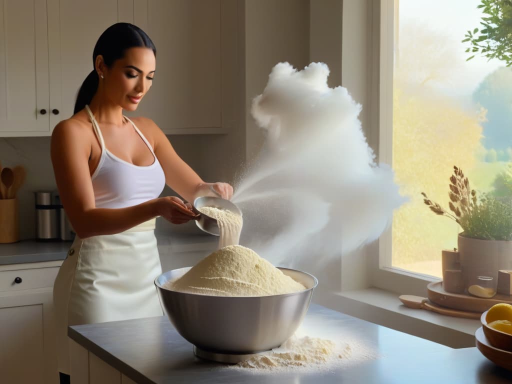  A photorealistic image of a woman gracefully sifting glutenfree flour into a mixing bowl, with golden sunlight streaming through a kitchen window, highlighting the delicate texture of the flour as it falls in a mesmerizing pattern. The kitchen is pristine, with stainless steel appliances gleaming in the background, and fresh ingredients like ripe blueberries and vibrant lemons elegantly arranged on the marble countertop nearby. The focus is on the intricate dance of the flour particles suspended in the air, capturing a moment of serene concentration and culinary artistry. hyperrealistic, full body, detailed clothing, highly detailed, cinematic lighting, stunningly beautiful, intricate, sharp focus, f/1. 8, 85mm, (centered image composition), (professionally color graded), ((bright soft diffused light)), volumetric fog, trending on instagram, trending on tumblr, HDR 4K, 8K