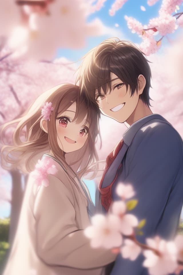  With a smile, a woman is long hair, the background is a row of cherry blossom trees, the sky is blue sky, a child is holding hands between a man and a woman.