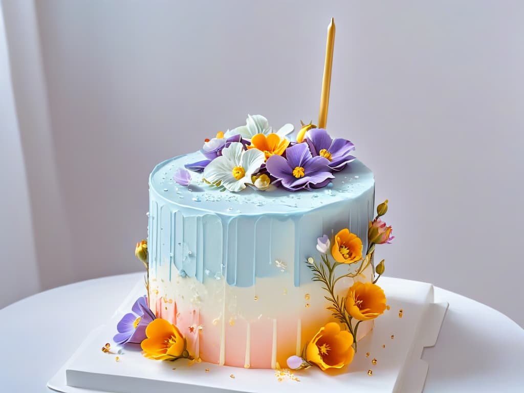  A minimalist image of a beautifully decorated virtual cake hovering in the air, with intricate details like edible flowers, delicate piping work, and shimmering gold accents, all enhanced by augmented reality technology. The cake is surrounded by digital confetti, adding a touch of celebration and magic to the scene. The background is a soft, blurred gradient of pastel colors, emphasizing the elegance and sophistication of the virtual dessert. hyperrealistic, full body, detailed clothing, highly detailed, cinematic lighting, stunningly beautiful, intricate, sharp focus, f/1. 8, 85mm, (centered image composition), (professionally color graded), ((bright soft diffused light)), volumetric fog, trending on instagram, trending on tumblr, HDR 4K, 8K