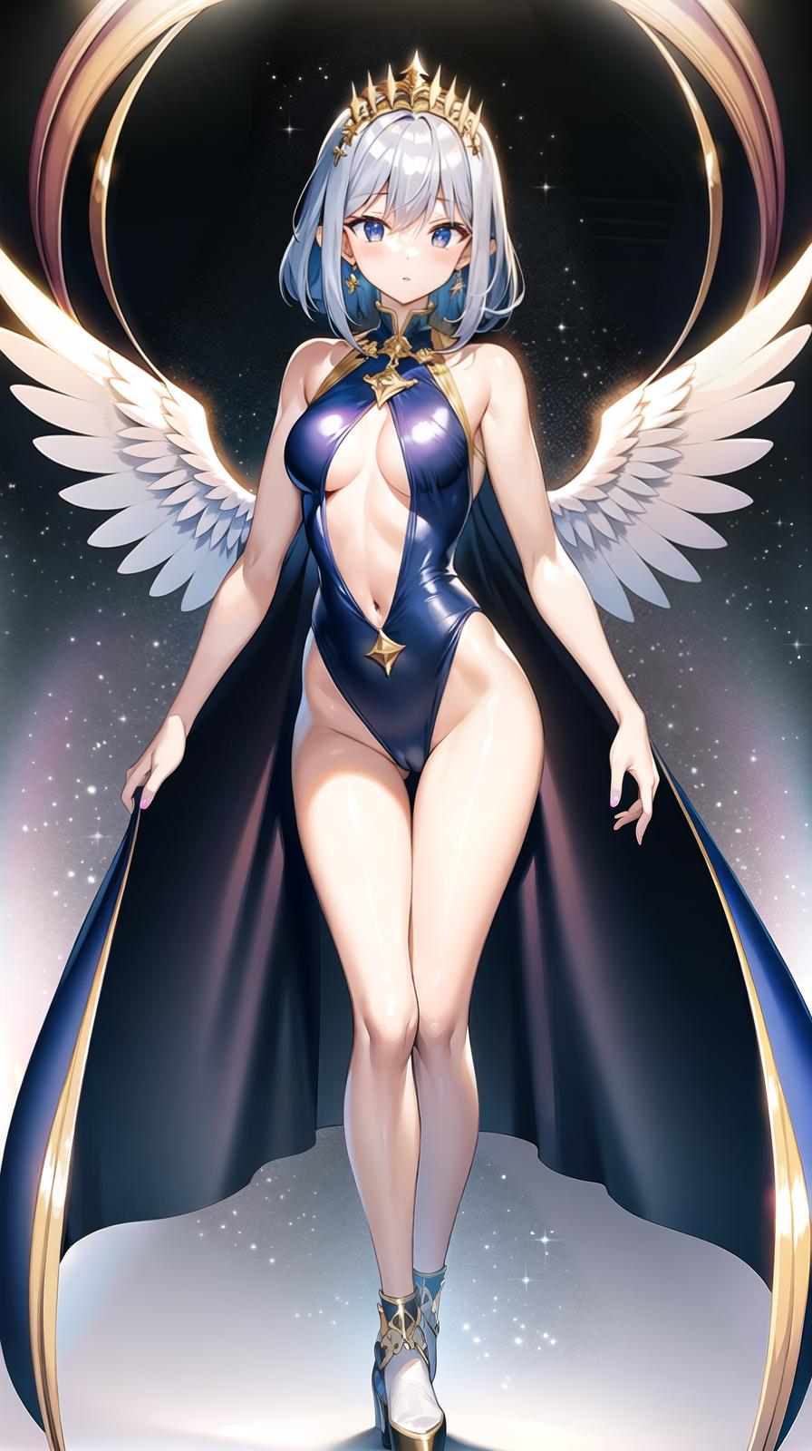  master piece , best quality,leotard dress windswept double cloak tiara jewelry angel wings iridescent long two side up hair big s human magic wand magical transformation full body